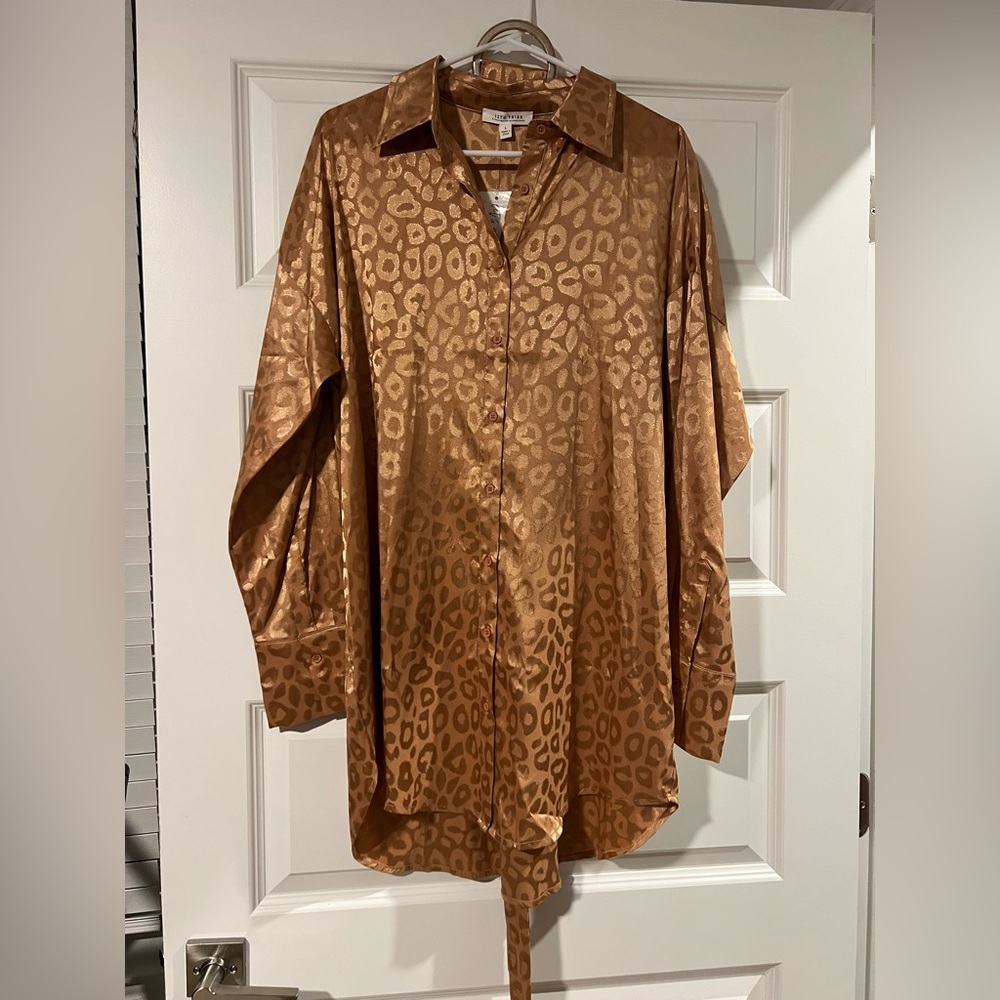 Leopard Print Satin Shirt Dress